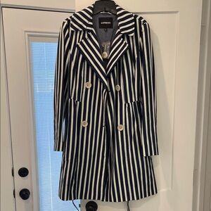 Express Women's Navy and White Striped Trench Coat